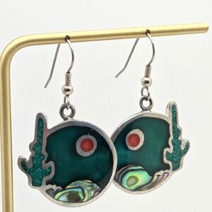 Vintage 1991 Signed AC Southwestern Cactus & Moon Earrings